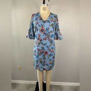 Nicole Miller Dress Size 8 Blue Floral Cotton Knee Length 3/4 Sleeves Va…